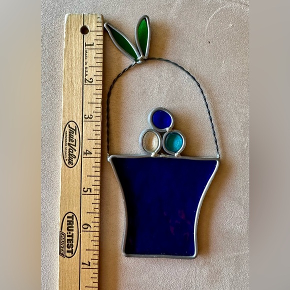 Stained glass sun catcher. Handmade blue basket of eggs. EUC. Easy to hang. - Picture 5 of 9